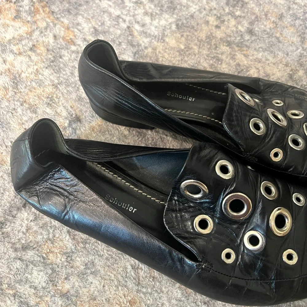 Proenza Schouler Black Leather Grommet Pointed Toe Loafer